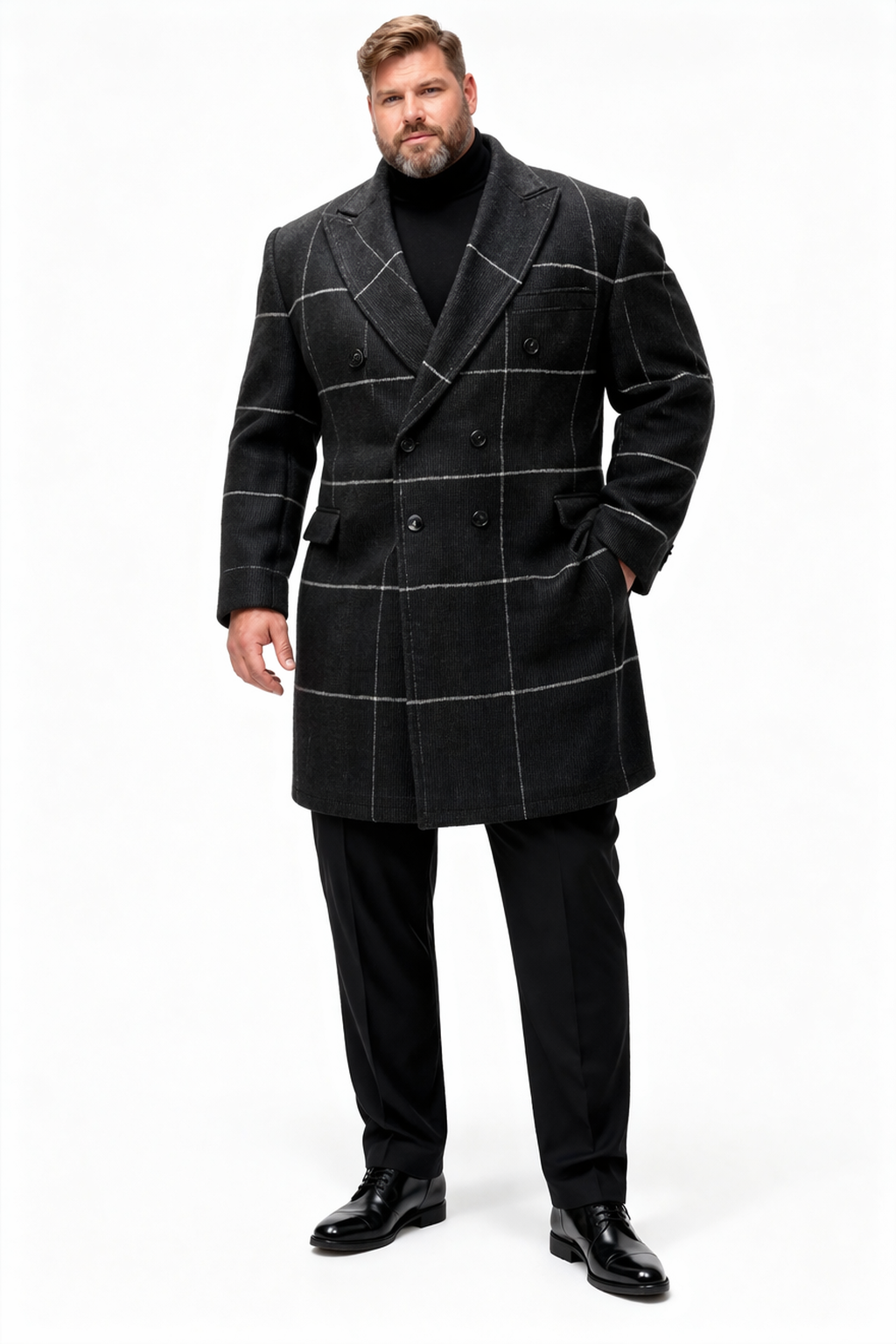 Mens Plaid Overcoat - Houndstooth Checker Pattern Topcoat - Black