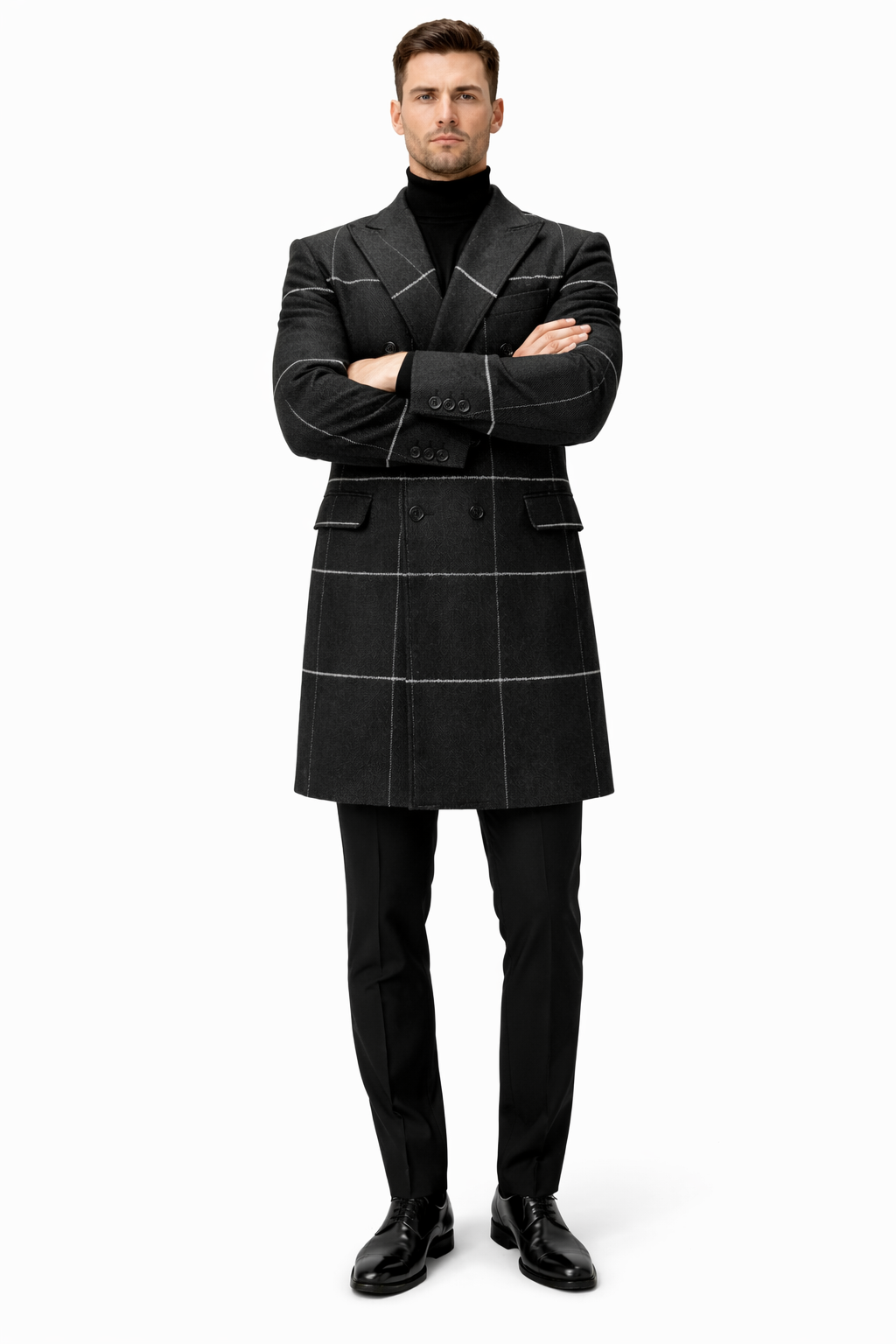 Mens Plaid Overcoat - Houndstooth Checker Pattern Topcoat - Black