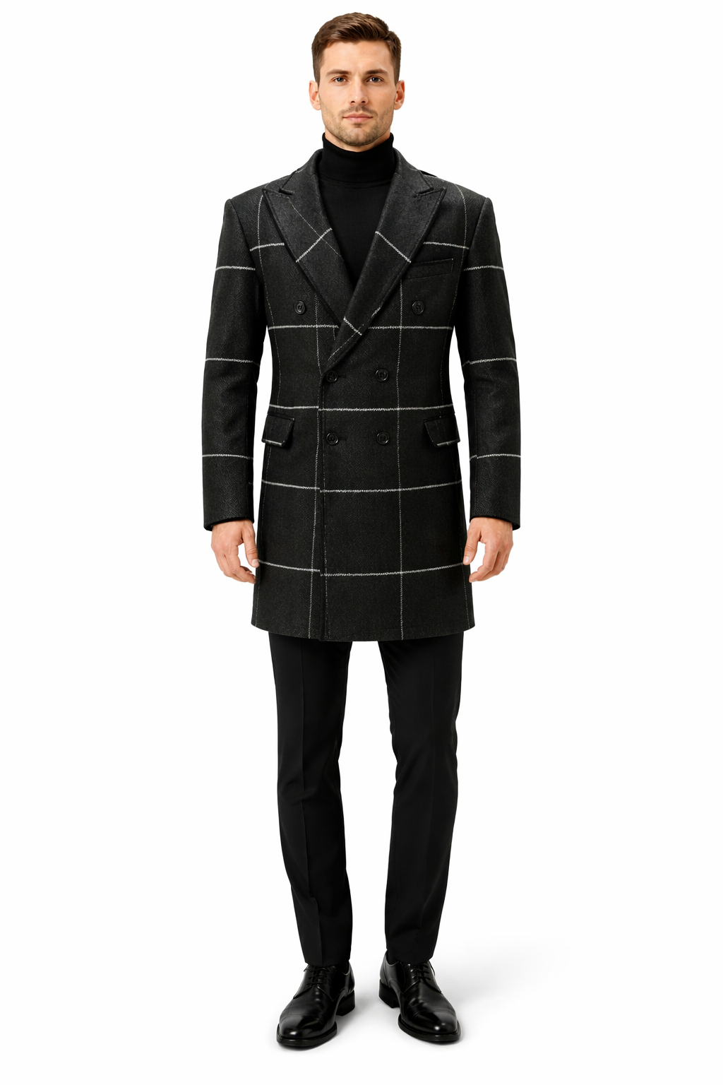 Mens Plaid Overcoat - Houndstooth Checker Pattern Topcoat - Black