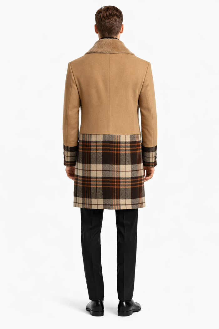 Mens Plaid Overcoat - Houndstooth Checker Pattern Topcoat - Khaki ~ Brown