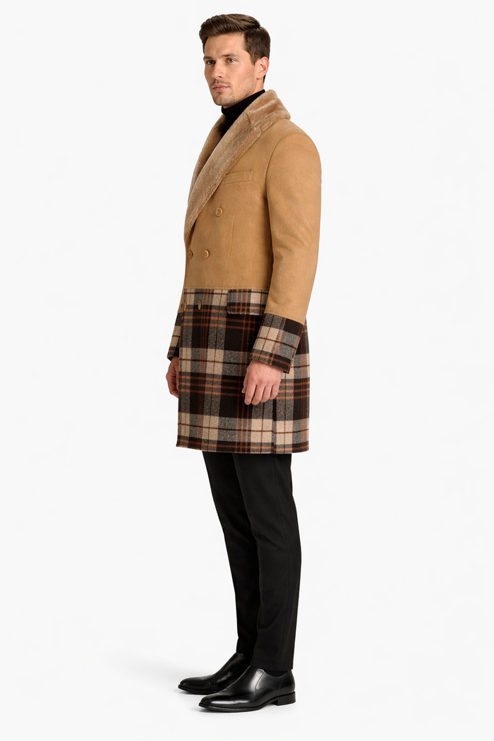 Mens Plaid Overcoat - Houndstooth Checker Pattern Topcoat - Khaki ~ Brown