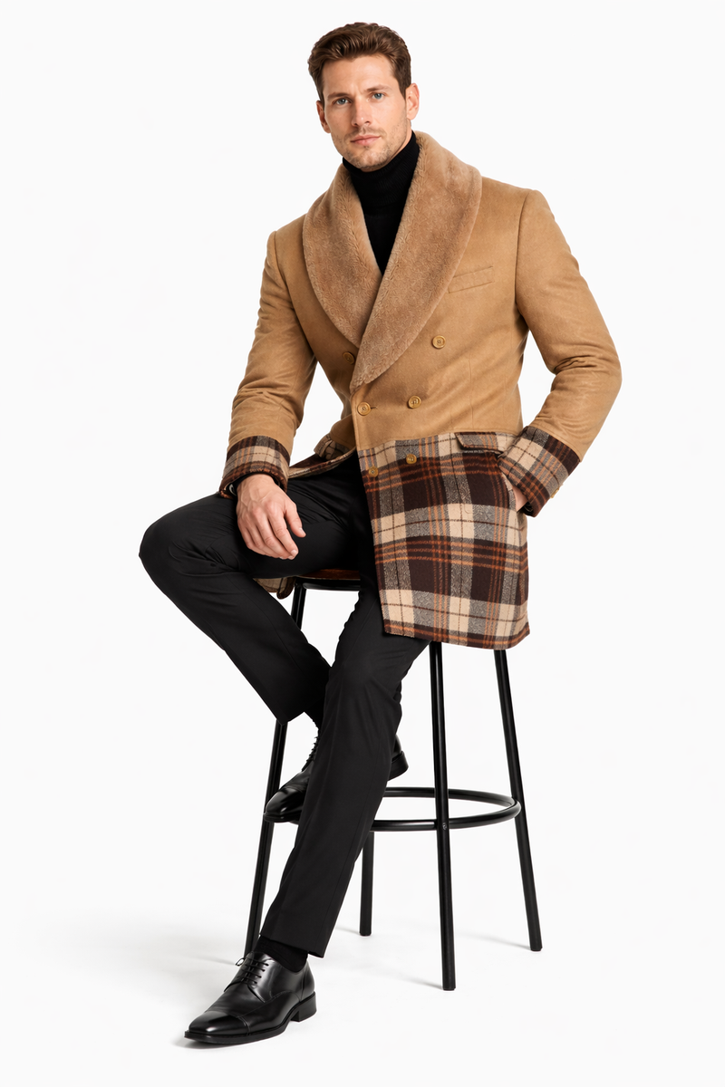 Mens Plaid Overcoat - Houndstooth Checker Pattern Topcoat - Khaki ~ Brown