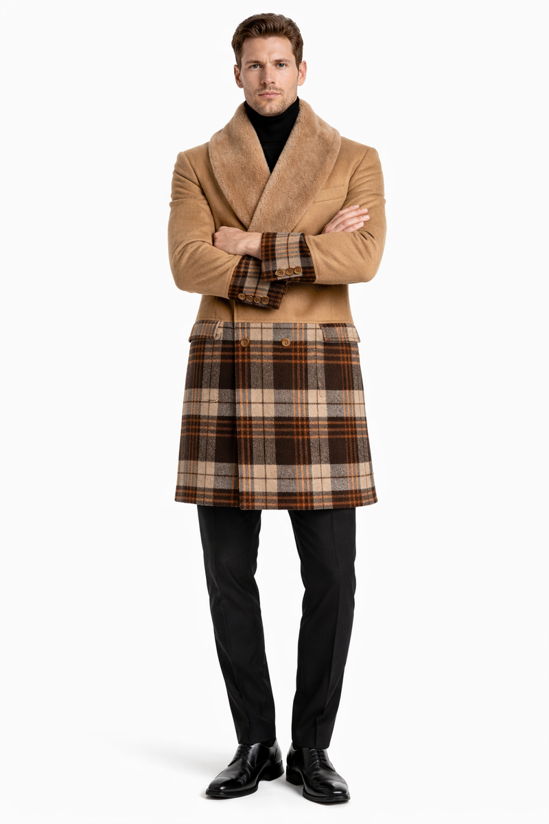 Mens Plaid Overcoat - Houndstooth Checker Pattern Topcoat - Khaki ~ Brown