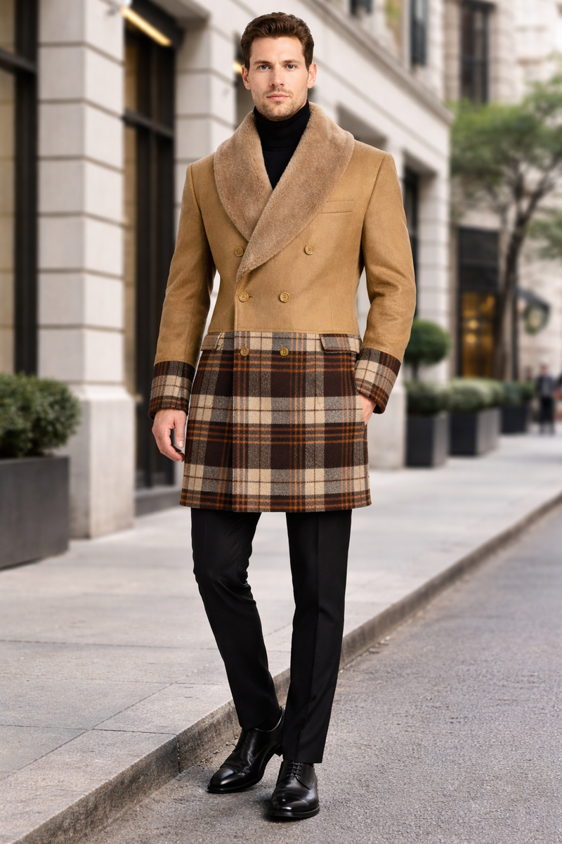 Mens Plaid Overcoat - Houndstooth Checker Pattern Topcoat - Khaki ~ Brown