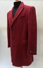 Mens Plaid Overcoat - Houndstooth Checker Pattern Topcoat - Red - AlbertoNardoniStore