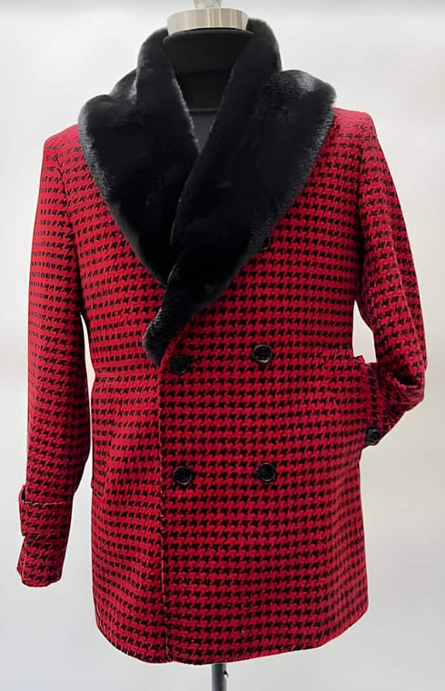 Mens Peacoat For Winter and Fall - Wool Fabric - Red Coat