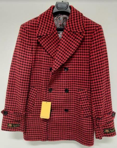 Mens Plaid Overcoat - Wool Peacoat - Plaid Topcoats Red - AlbertoNardoniStore