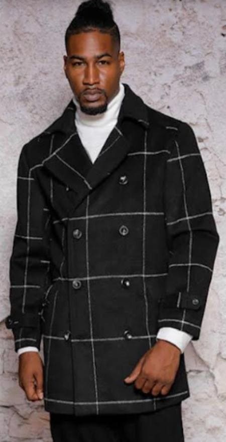 Men Plaid Overcoat Wool Peacoat Plaid Topcoats Black