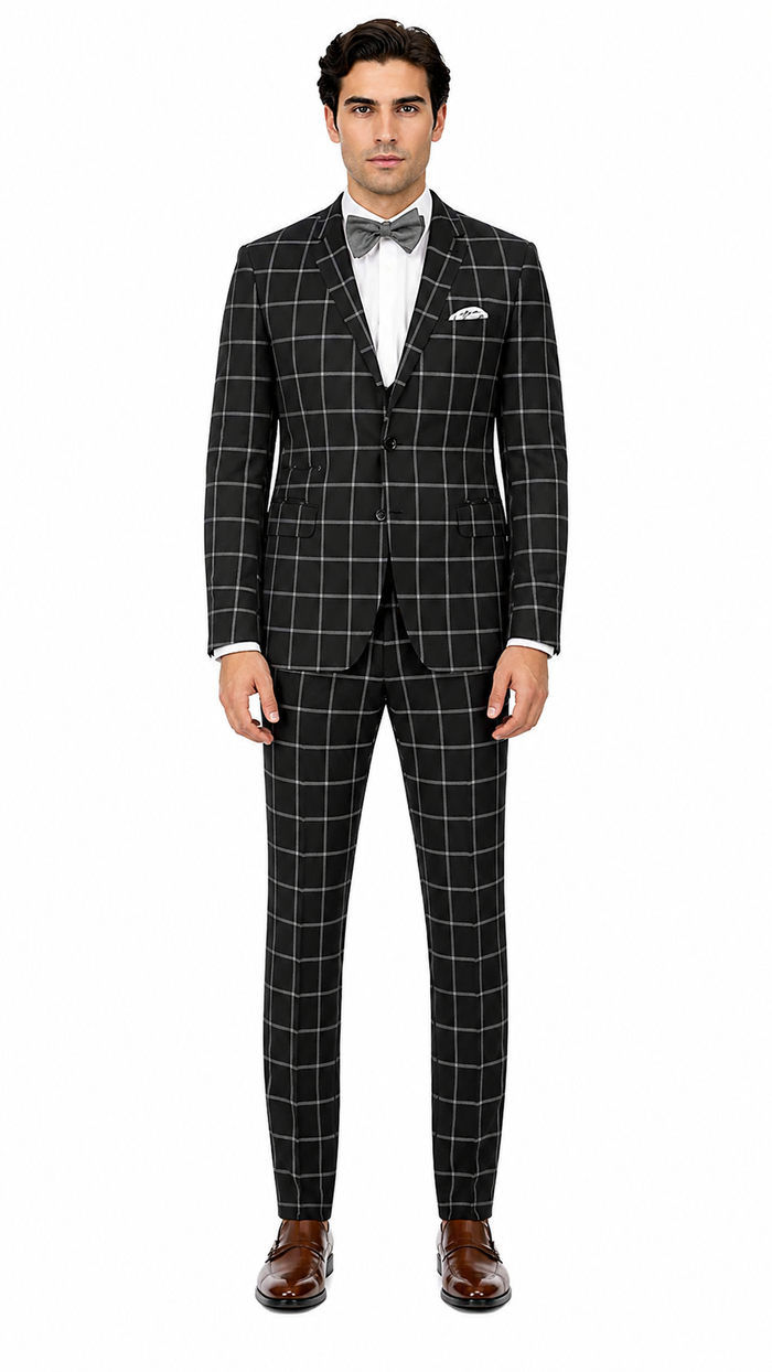 Mens Plaid Suit - Black Windowpane Suit - 1920 Suits