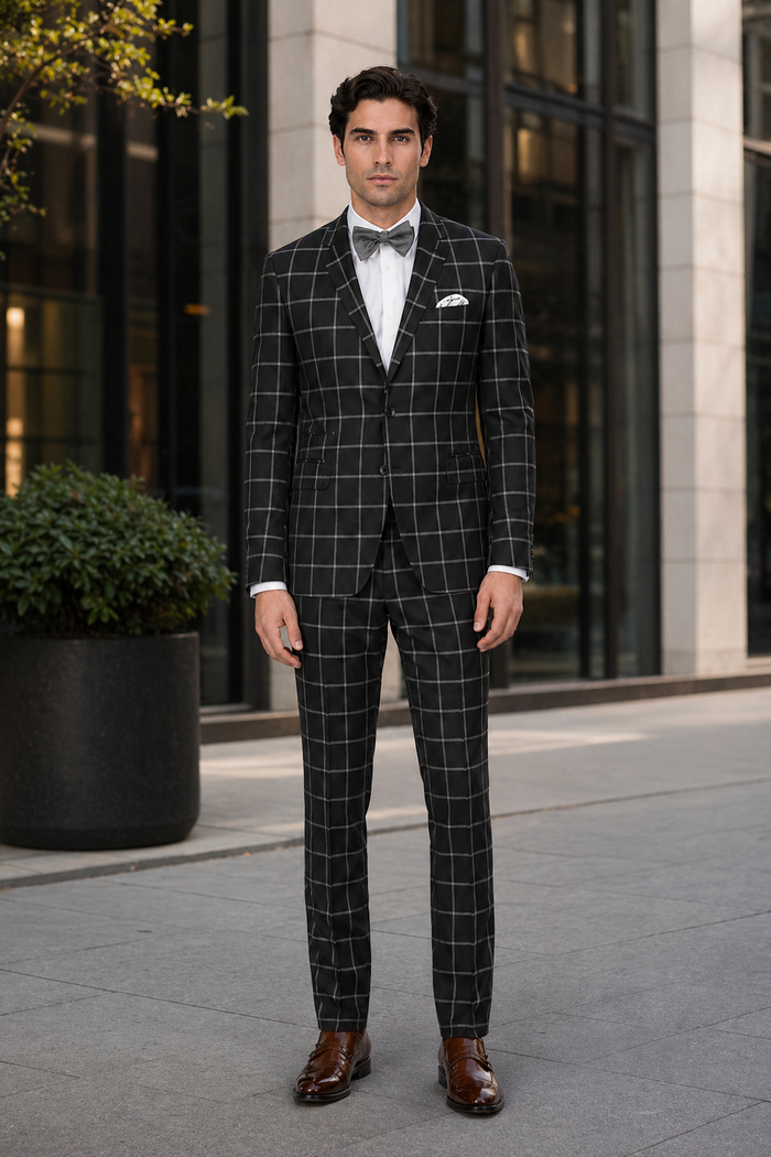 Mens Plaid Suit - Black Windowpane Suit - 1920 Suits