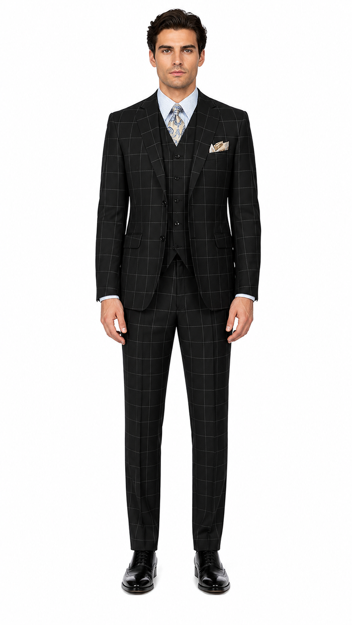 Mens Plaid Suit - Black Windowpane Suit - 1920 Suits