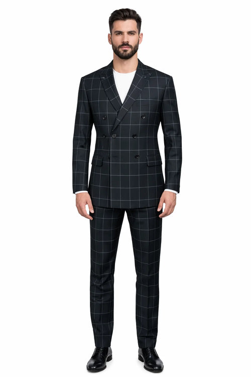Mens Plaid Suit - Patterned Business Suit -Mens Double Breasted Bold Windowpane Plaid Suit In Black