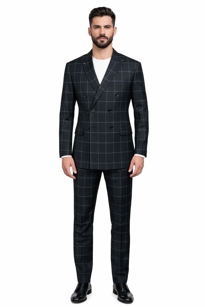 Mens Plaid Suit - Patterned Business Suit -Mens Double Breasted Bold Windowpane Plaid Suit In Black