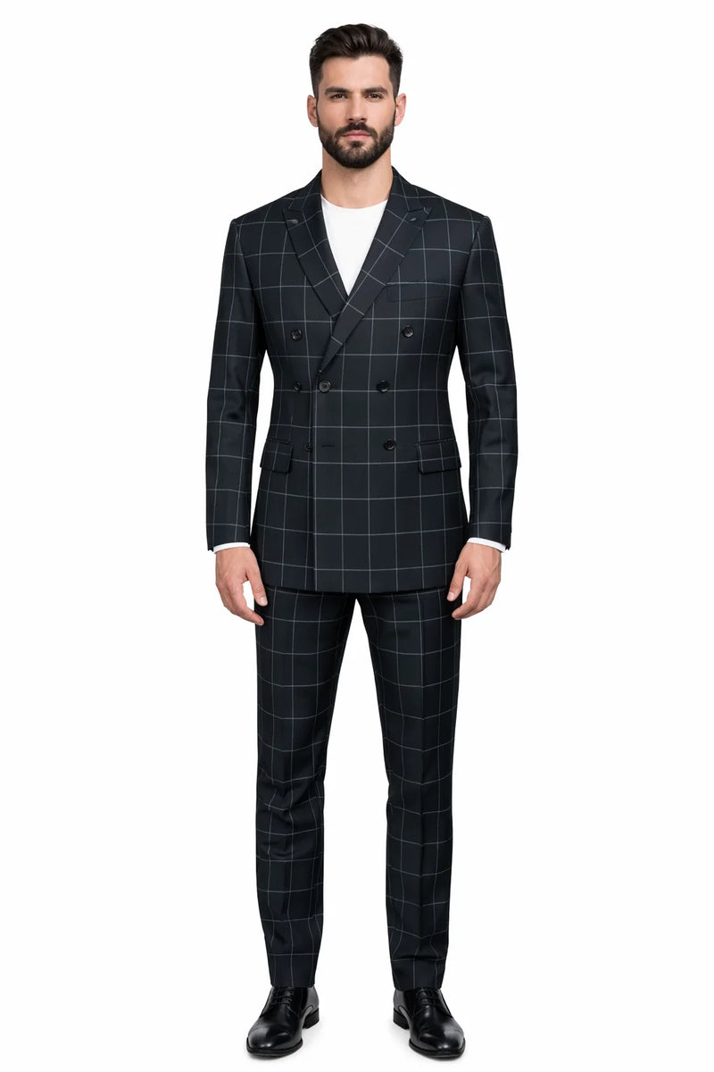Mens Plaid Suit - Patterned Business Suit -Mens Double Breasted Bold Windowpane Plaid Suit In Black