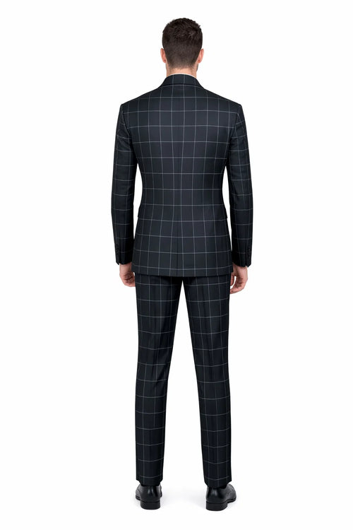 Mens Plaid Suit - Patterned Business Suit -Mens Double Breasted Bold Windowpane Plaid Suit In Black