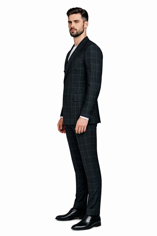 Mens Plaid Suit - Patterned Business Suit -Mens Double Breasted Bold Windowpane Plaid Suit In Black