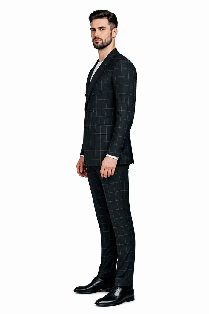 Mens Plaid Suit - Patterned Business Suit -Mens Double Breasted Bold Windowpane Plaid Suit In Black