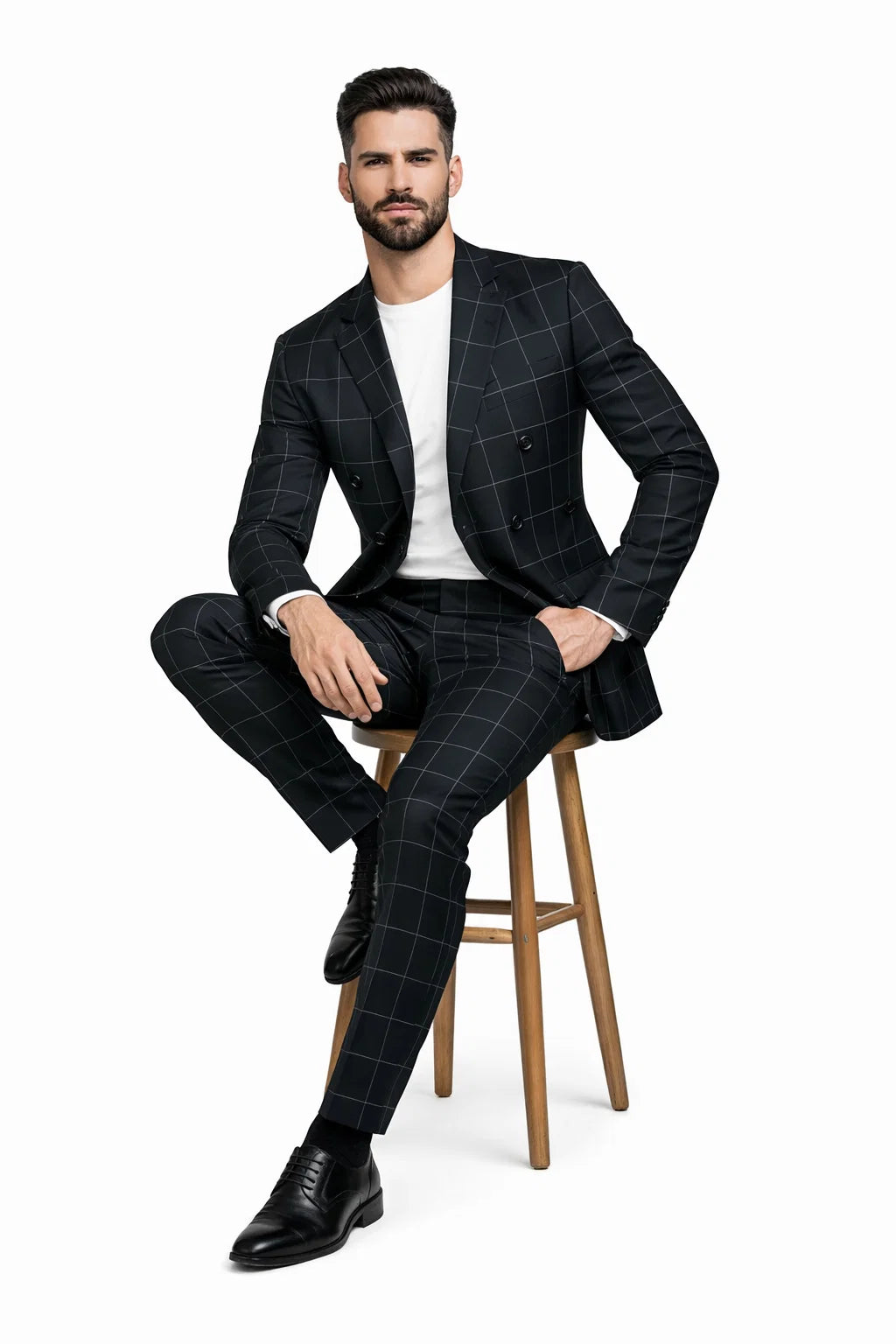 Mens Plaid Suit - Patterned Business Suit -Mens Double Breasted Bold Windowpane Plaid Suit In Black