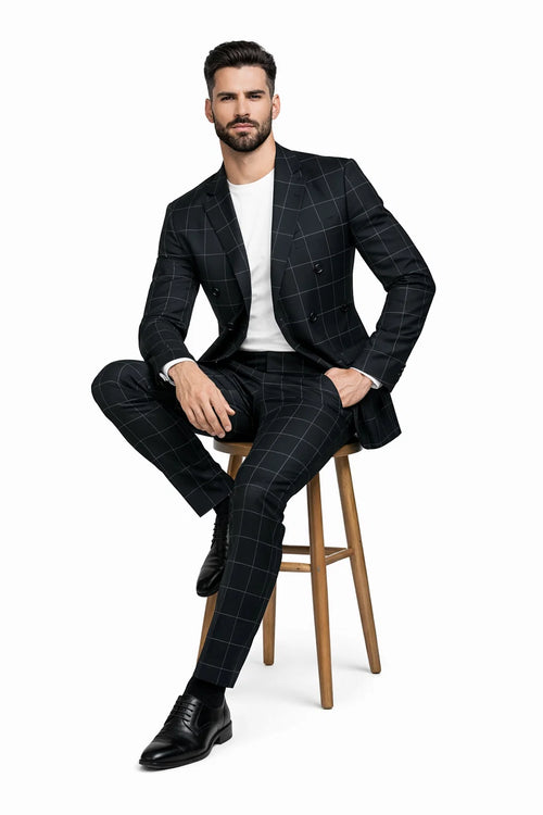 Mens Plaid Suit - Patterned Business Suit -Mens Double Breasted Bold Windowpane Plaid Suit In Black