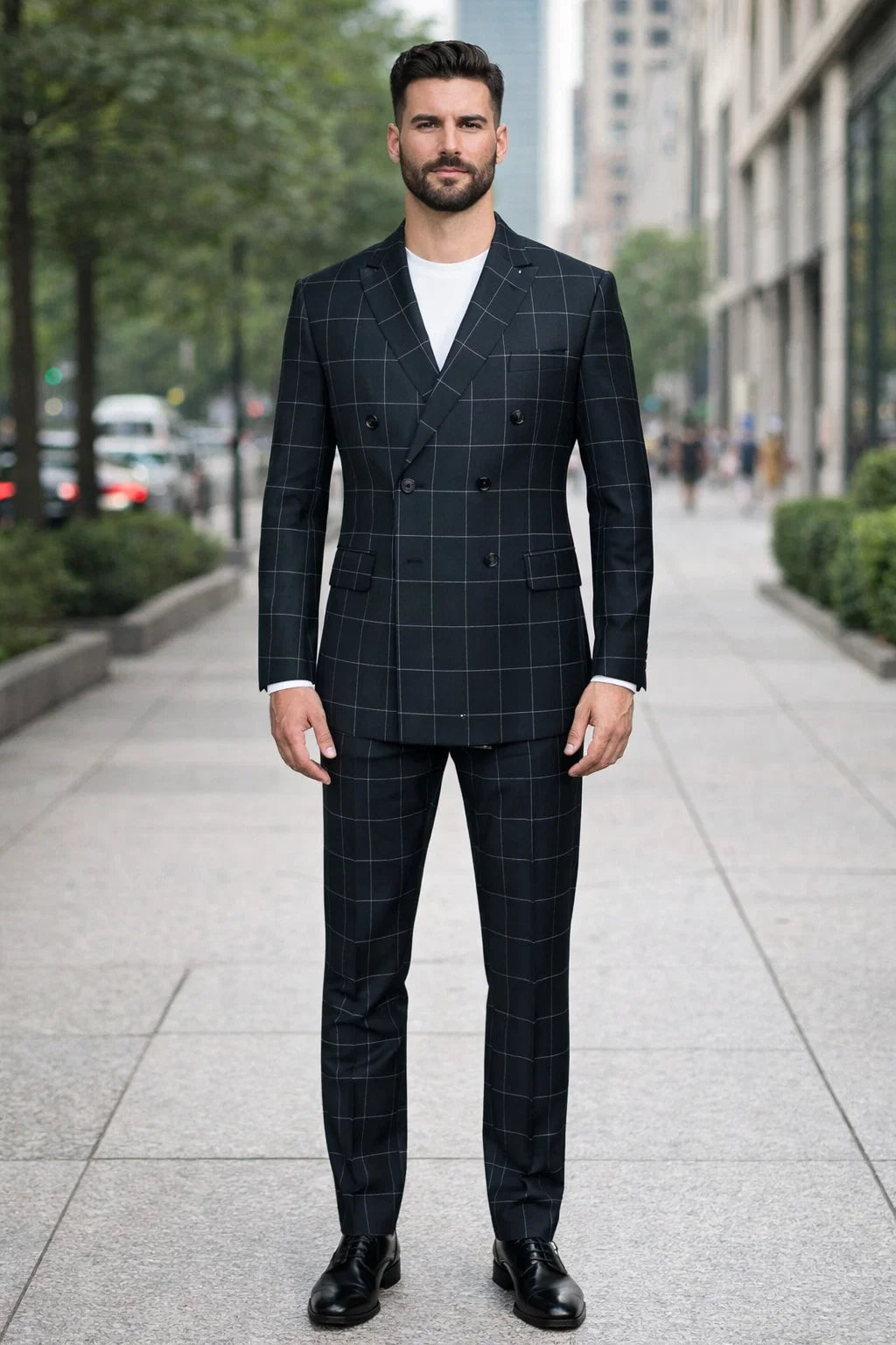 Mens Plaid Suit - Patterned Business Suit -Mens Double Breasted Bold Windowpane Plaid Suit In Black
