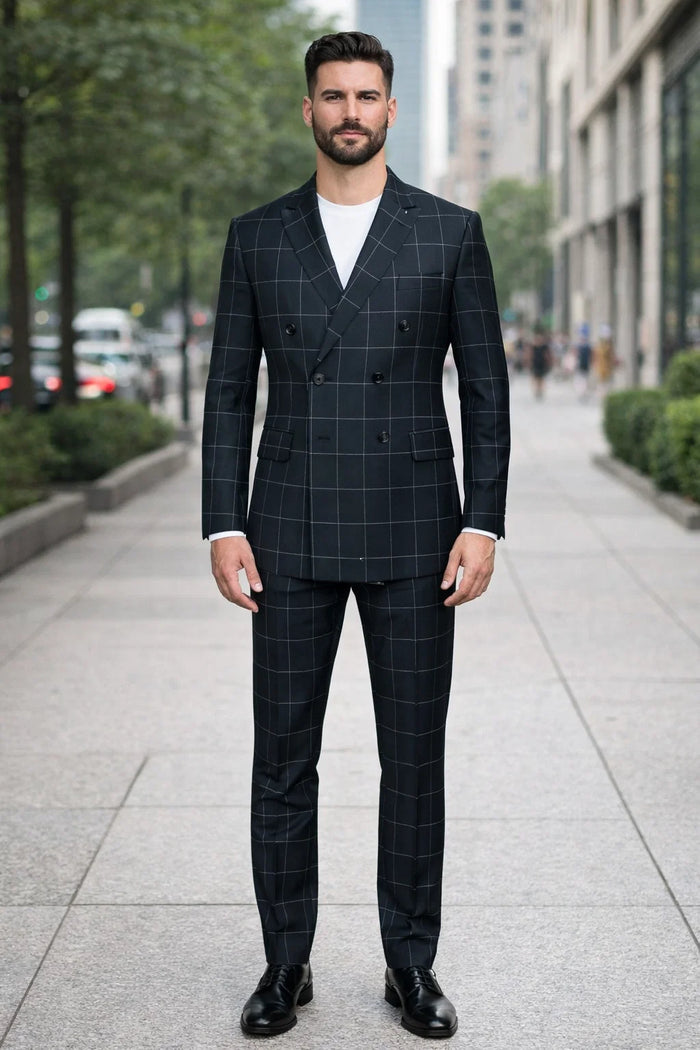 Mens Plaid Suit - Patterned Business Suit -Mens Double Breasted Bold Windowpane Plaid Suit In Black