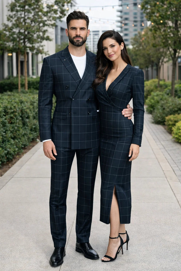Mens Plaid Suit - Patterned Business Suit -Mens Double Breasted Bold Windowpane Plaid Suit In Black