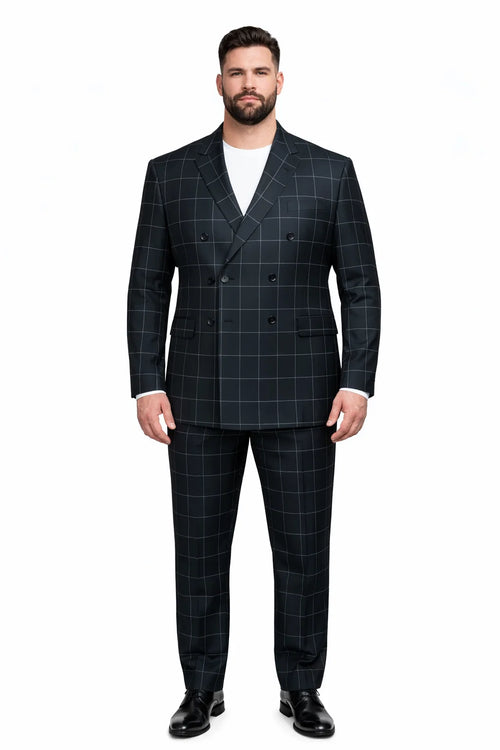 Mens Plaid Suit - Patterned Business Suit -Mens Double Breasted Bold Windowpane Plaid Suit In Black