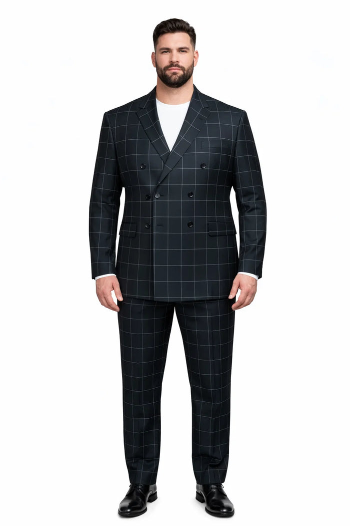 Mens Plaid Suit - Patterned Business Suit -Mens Double Breasted Bold Windowpane Plaid Suit In Black
