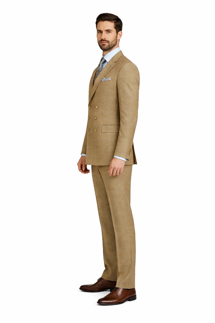 Mens Plaid Suit - Patterned Business Suit -Mens Double Breasted Windowpane Plaid Suit In Mocha Light Brown