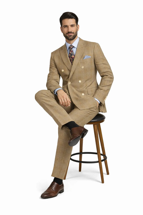 Mens Plaid Suit - Patterned Business Suit -Mens Double Breasted Windowpane Plaid Suit In Mocha Light Brown