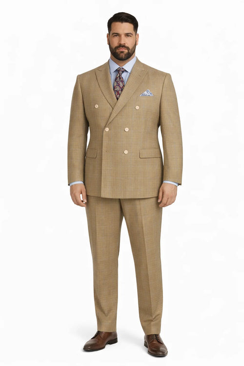 Mens Plaid Suit - Patterned Business Suit -Mens Double Breasted Windowpane Plaid Suit In Mocha Light Brown