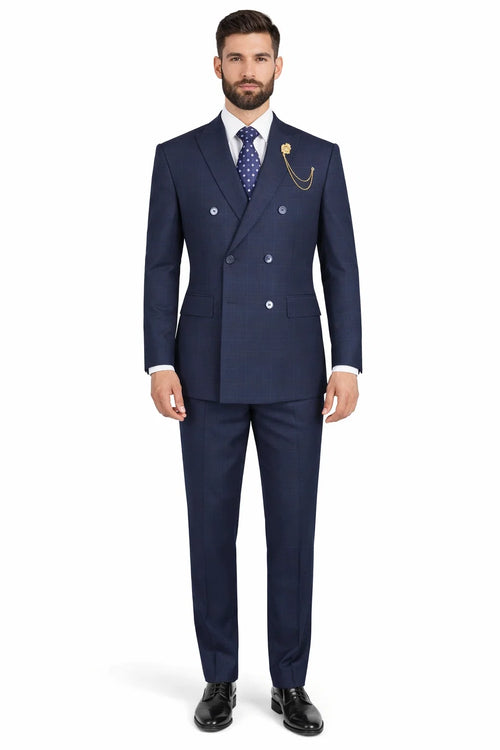 Mens Plaid Suit - Patterned Business Suit -Mens Double Breasted Windowpane Plaid Suit In Navy Blue