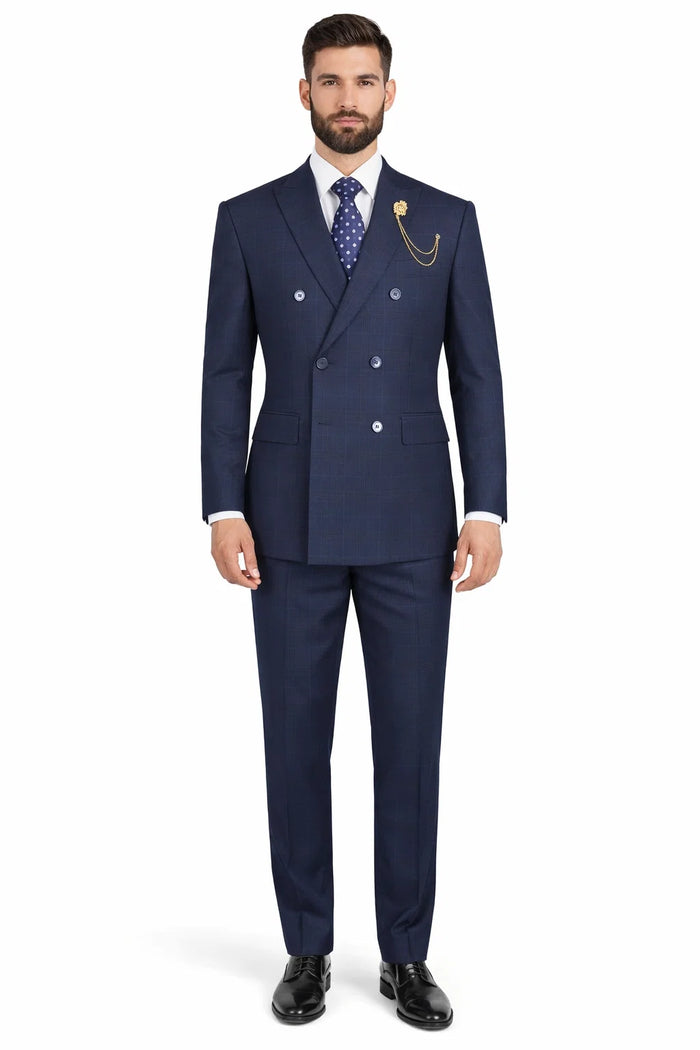 Mens Plaid Suit - Patterned Business Suit -Mens Double Breasted Windowpane Plaid Suit In Navy Blue