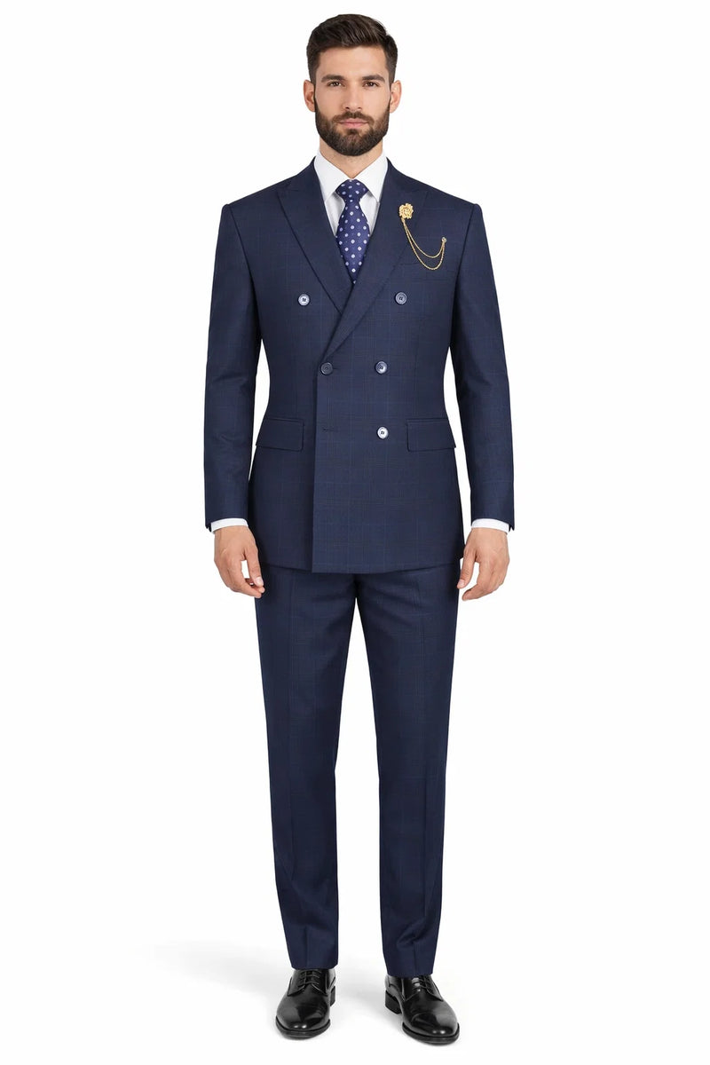 Mens Plaid Suit - Patterned Business Suit -Mens Double Breasted Windowpane Plaid Suit In Navy Blue