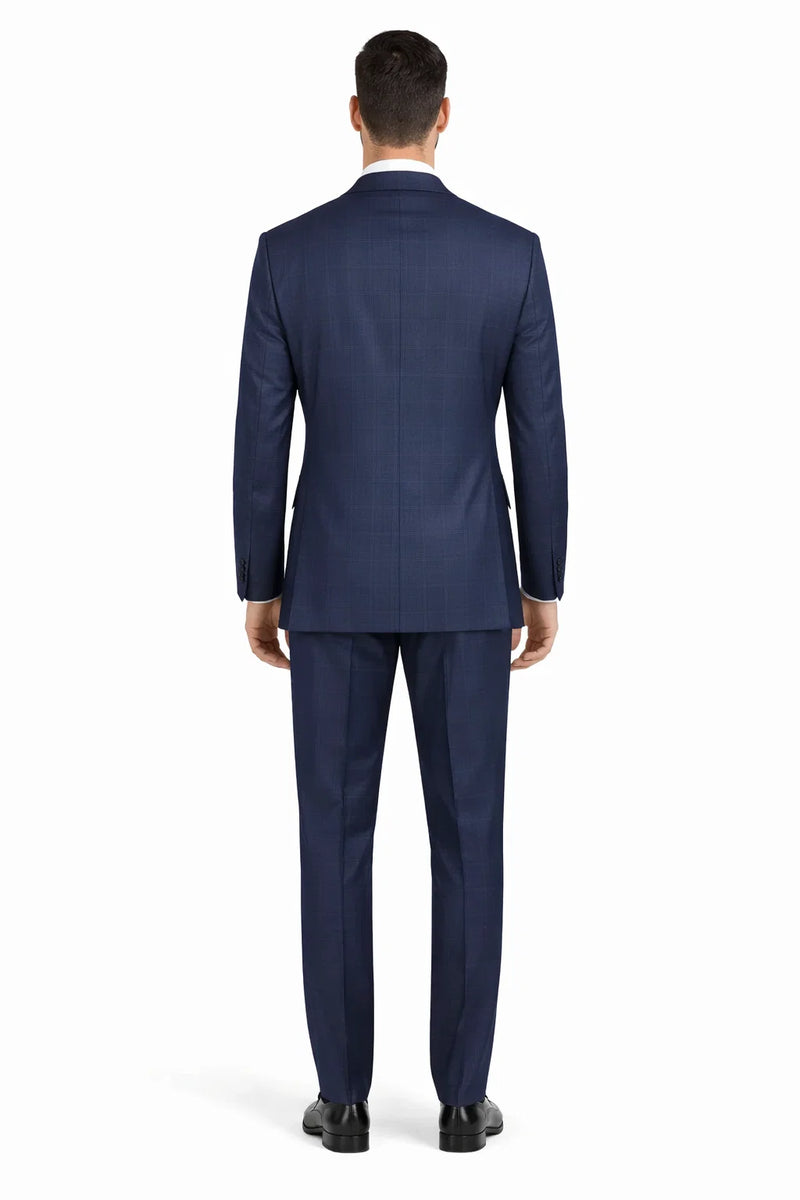 Mens Plaid Suit - Patterned Business Suit -Mens Double Breasted Windowpane Plaid Suit In Navy Blue