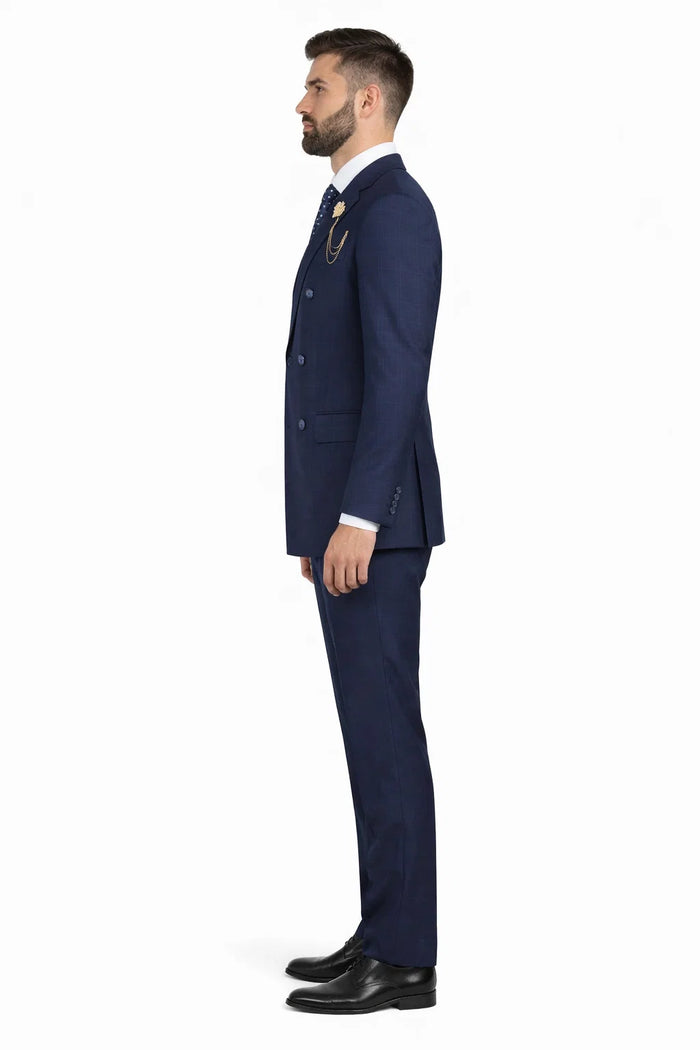 Mens Plaid Suit - Patterned Business Suit -Mens Double Breasted Windowpane Plaid Suit In Navy Blue