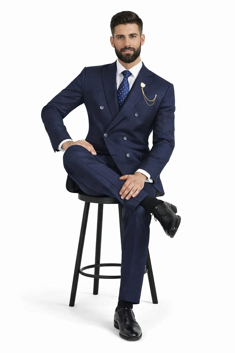 Mens Plaid Suit - Patterned Business Suit -Mens Double Breasted Windowpane Plaid Suit In Navy Blue
