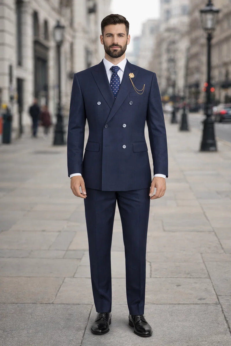 Mens Plaid Suit - Patterned Business Suit -Mens Double Breasted Windowpane Plaid Suit In Navy Blue