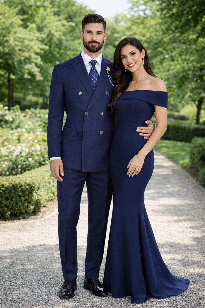 Mens Plaid Suit - Patterned Business Suit -Mens Double Breasted Windowpane Plaid Suit In Navy Blue