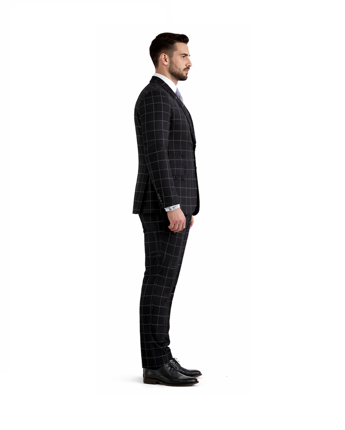 Mens Plaid Suit - Windowpane Pattern With Vest - Business Suit Black