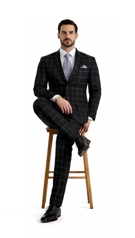 Mens Plaid Suit - Windowpane Pattern With Vest - Business Suit Hunter Green