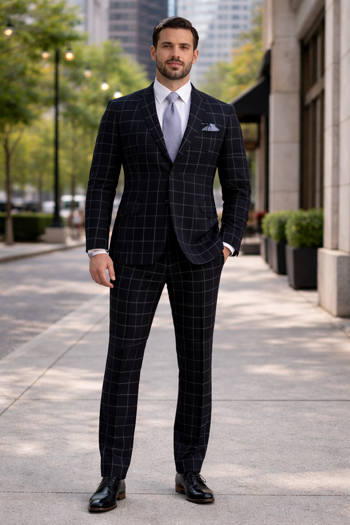 Mens Plaid Suit - Windowpane Pattern With Vest - Business Suit Hunter Green