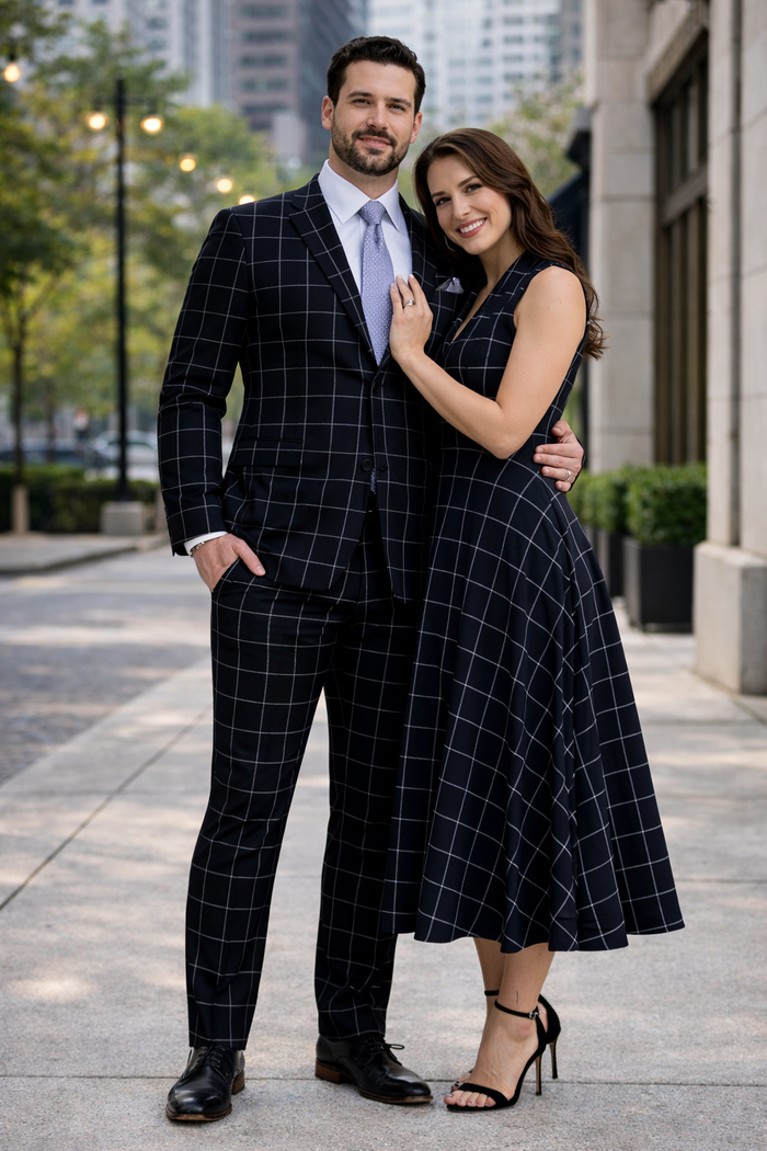 Mens Plaid Suit - Windowpane Pattern With Vest - Business Suit Hunter Green