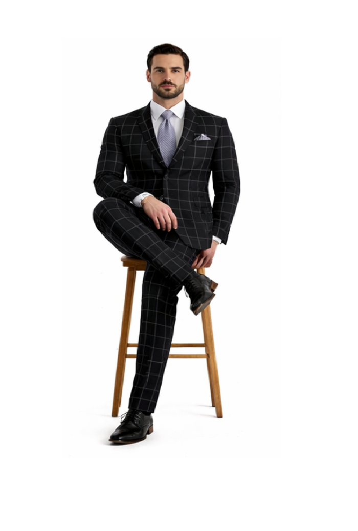 Mens Plaid Suit - Windowpane Pattern With Vest - Business Suit Black