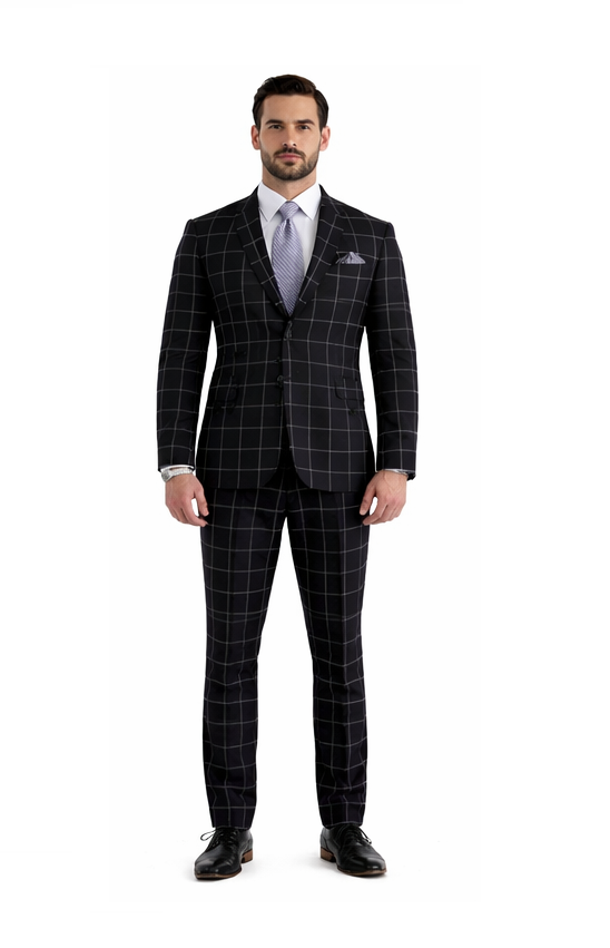 Mens Plaid Suit - Windowpane Pattern With Vest - Business Suit Black