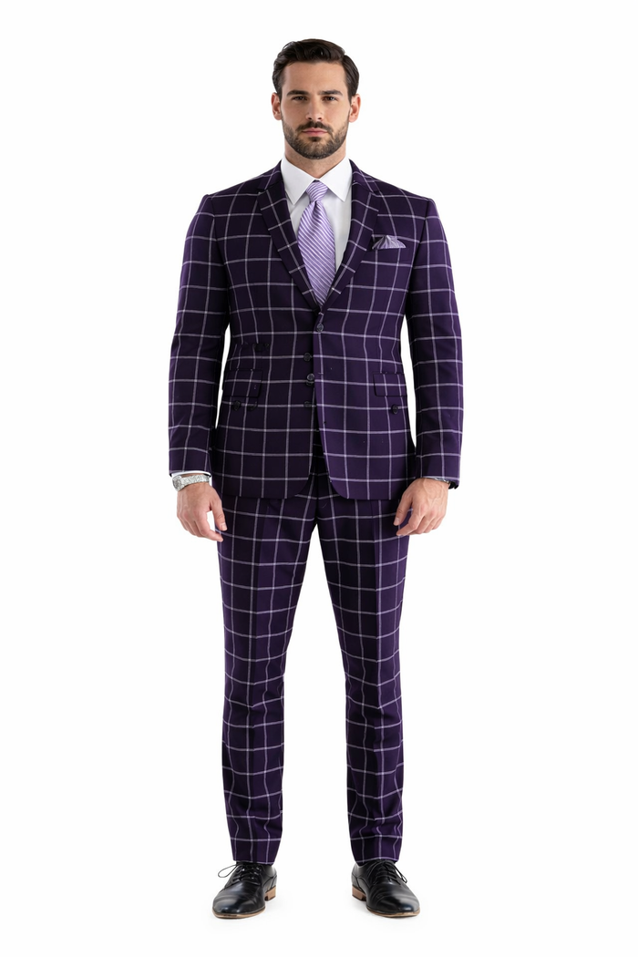 Mens Plaid Suit - Windowpane Pattern With Vest - Business Suit Burgundy