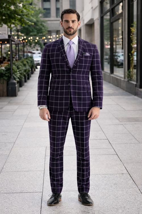 Mens Plaid Suit - Windowpane Pattern With Vest - Business Suit Burgundy
