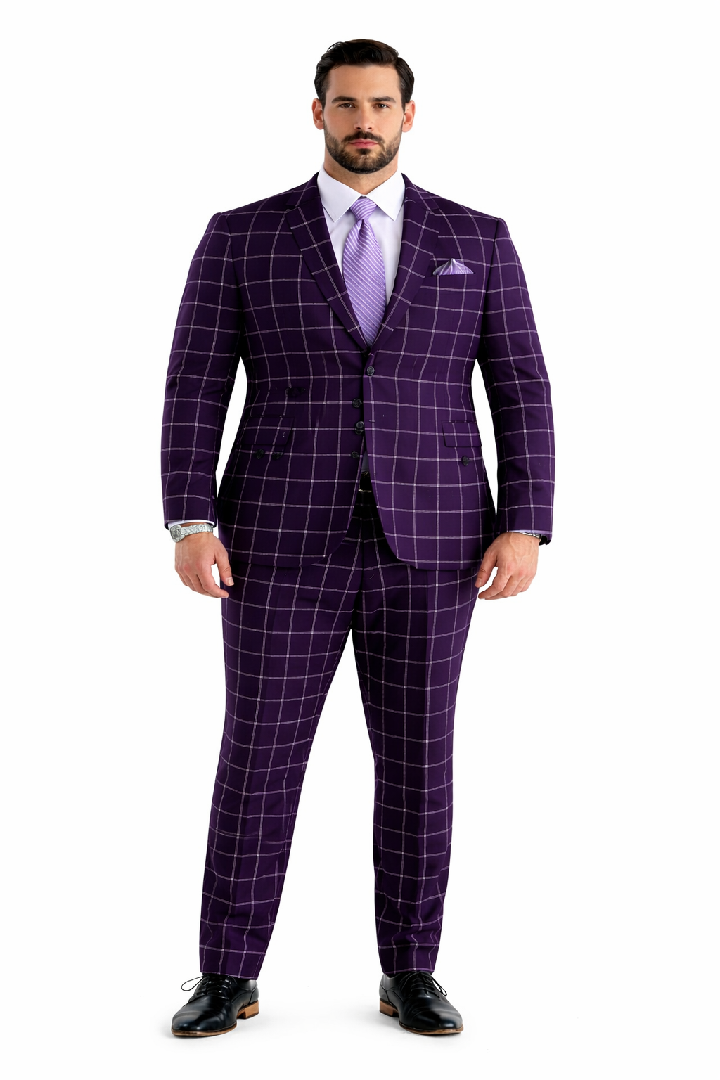Mens Plaid Suit - Windowpane Pattern With Vest - Business Suit Burgundy