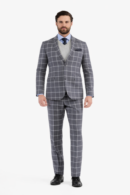 Mens Plaid Suit - Windowpane Pattern With Vest - Business Suit Grey