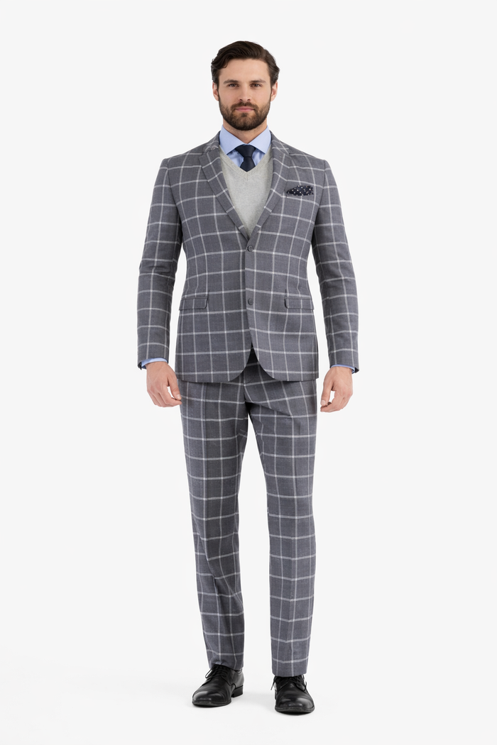 Mens Plaid Suit - Windowpane Pattern With Vest - Business Suit Grey